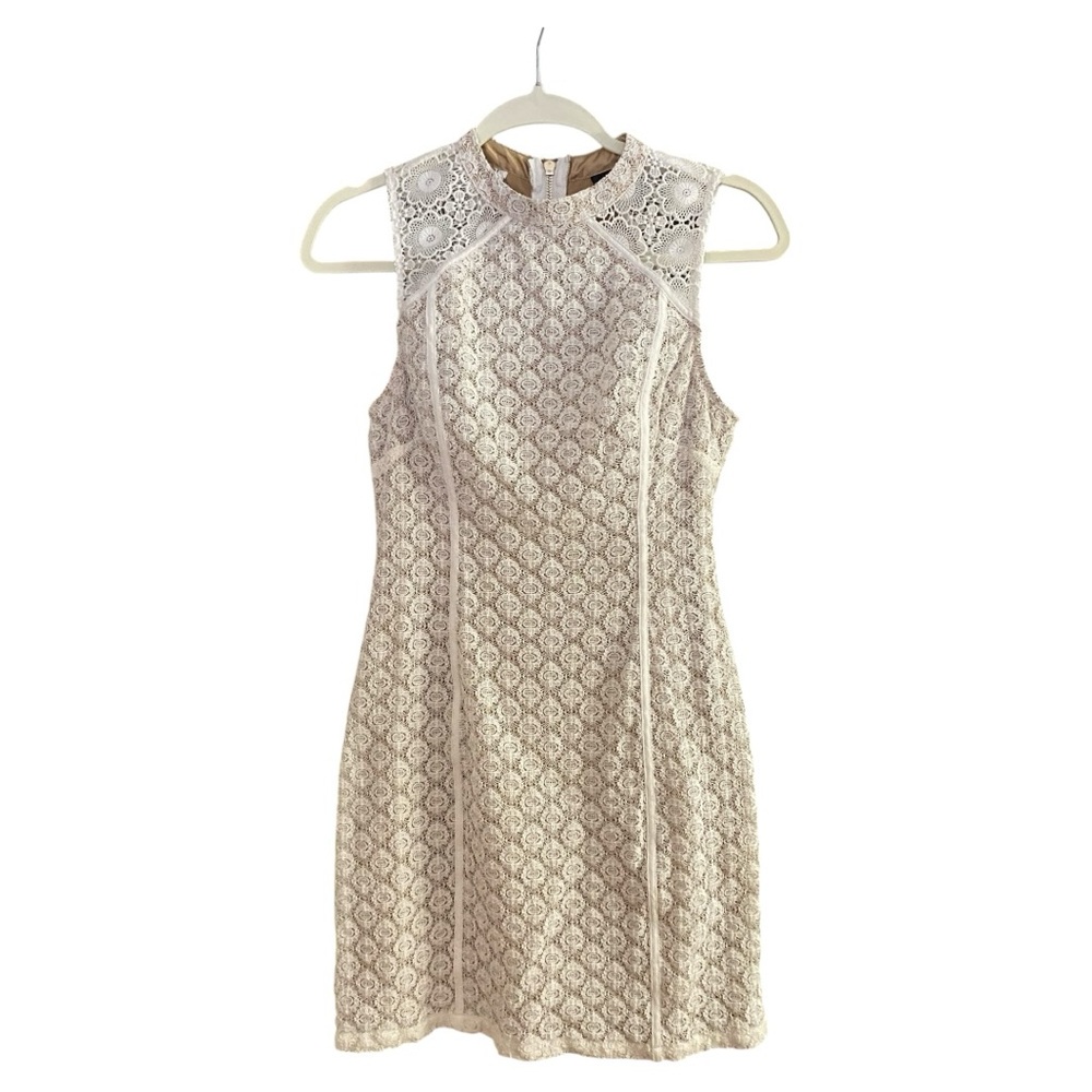 Lace Mini Dress Cream Sheath Mock Neck Formal Event Wedding Party, Size Small